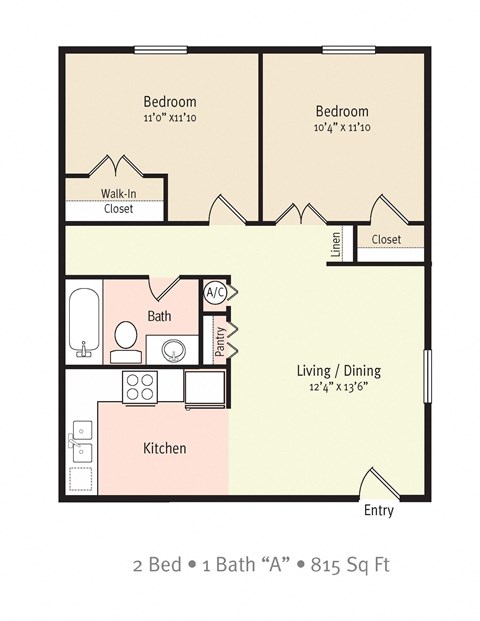 Floor plan for 2 beds, 1 bath, 815 sqft
